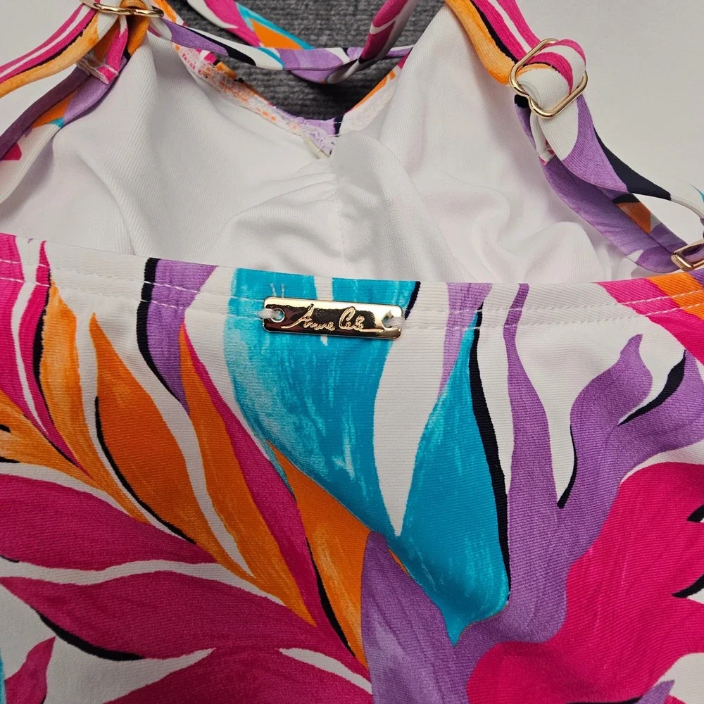 Anne Cole Tankini Swim Top Womens 20W White Floral Tropical V-Neck Beachwear NEW